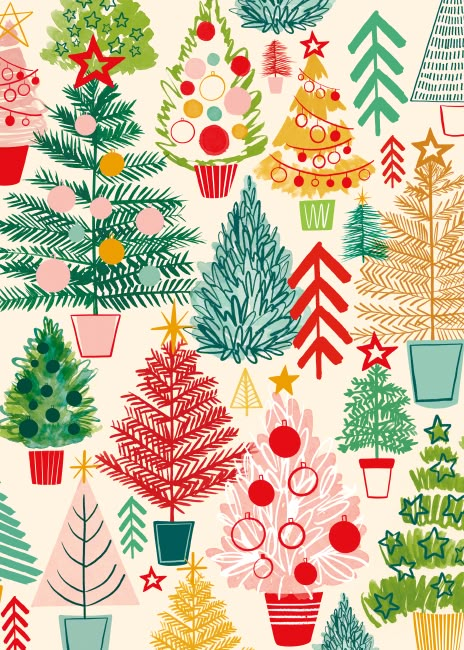 Magrikie : Illustration : holiday / christmas Holiday Patterns Wallpaper, Winter Christmas Illustration, Cute Christmas Tree Illustration, Vintage Christmas Tree Illustration, Holiday Color Scheme, Christmas Print Pattern, Holiday Illustration Christmas, Christmas Surface Pattern, Christmas Illustration Drawing