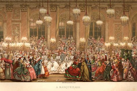 18th c masquerade at the French court. This illustration shows the ball on Feb 25, 1745, where Louis XV (disguised as one of the yew trees, right) first met Mme Jeanne Antoinette d'Étiolles - who would become the royal mistress Mme du Pompadour. Georgian London, The Crown Series, Mask Ball, Masked Ball, Masquerade Costumes, Georgian Era, Masks Masquerade, Regency Era, A4 Poster