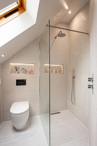 Bathroom Eaves, Upstairs Bathrooms Slanted Ceiling, Ensuite Bathroom Ideas Sloping Ceiling, Slopped Roof Bathroom, Small Attic Ensuite, Slanted Roof Bathroom, Small Attic Bathroom Sloped Ceiling Slanted Walls, Loft Shower Room Ideas Sloped Ceiling, Loft Conversion Bathroom