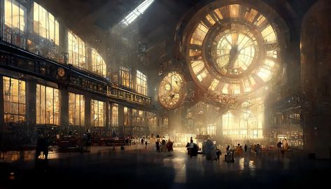 Steampunk Train Station, Steampunk Environment, Futuristic City Utopia, Steampunk City, Train Map, Dnd Inspiration, Steampunk Artwork, Big Clock, Steampunk Fantasy