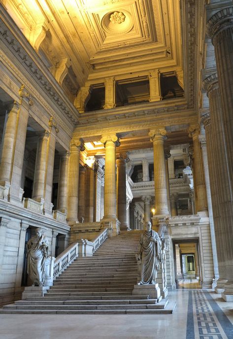 The central portico of the Brussels Palace of Justice, with a pair of statues of Ulpian (left) and Cicero (right) by Belgian sculptor Antoine-Félix Bouré (1831-1883) Brussels, Belgium Palace Stairs, Palace Of Justice, Visit Belgium, Palace Interior, Parental Guidance, Belgium Travel, European Architecture, Brussels Belgium, Ancient City