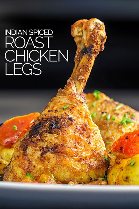 These Indian Spiced Roast Chicken Legs are the perfect spicy centrepiece to any easy midweek dinner, they are great in a lunchbox too! Roast Chicken Legs Recipe, Bombay Potato Recipe, Roast Chicken Thighs, Grilled Chicken Legs, Roasted Chicken Legs, Easy Roast Chicken, Chicken Leg Recipes, Roasted Chicken Thighs, Recipe Indian