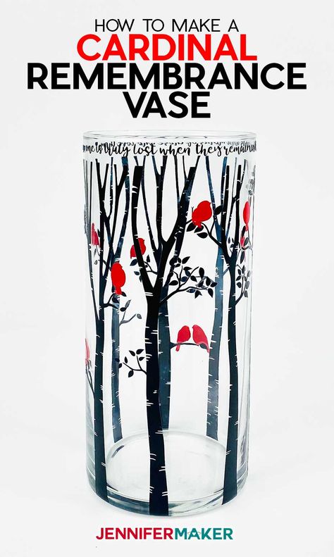 DIY Cardinal Remembrance Vase made from a Dollar Tree glass vase and some black and red vinyl Cardinal Svg Free Cricut, Blanks For Cricut, Dollar Tree Vases, Vases Diy, Vase Project, Jennifer Maker, Crafts Cricut, Xmas 2022, Cricut Hacks