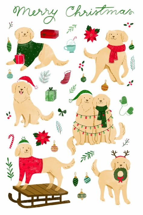 Christmas Cat And Dog, Christmas Card Animals, Christmas Card With Pets, Christmas Dog Wallpaper, Traditional Christmas Illustration, Dog Christmas Illustration, Dog Christmas Wallpaper, Dogs Christmas, Dog Christmas Cards