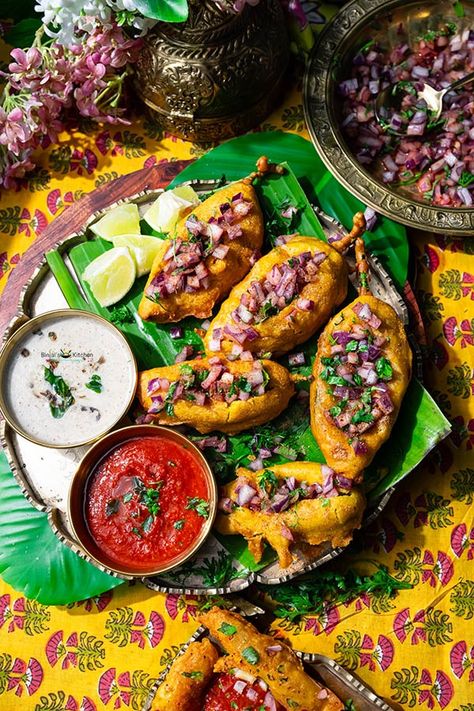 Mirchi Bajji (also known as Mirapakaya Bajji in Andhra Pradesh and Milagai Bajji in Karnataka) is a beloved street food in South India. Mirchi Bajji, Bajji Recipe, Long Pepper, Chili Dip, Diwali Food, Tomato Chutney, Coconut Chutney, Chaat Masala, Gram Flour