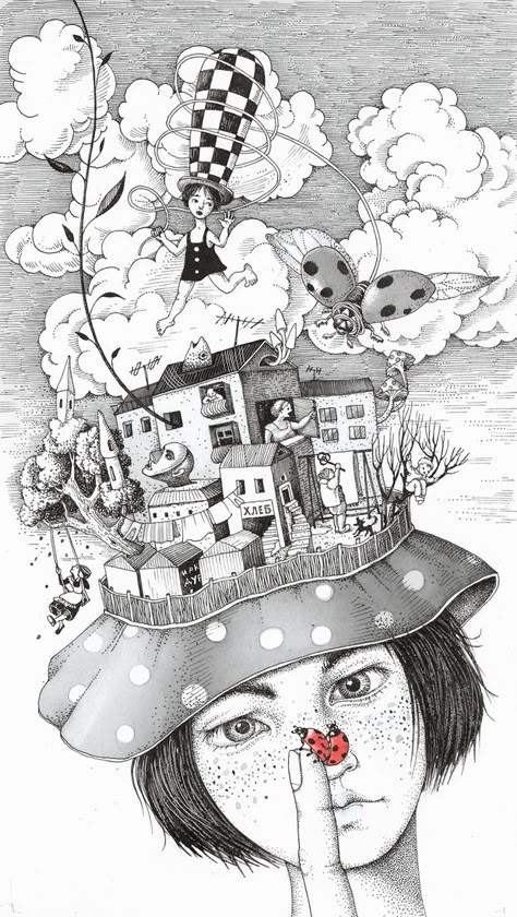 Surreal Drawings by Sveta Dorosheva - Transfixed and lost in my thoughts Sveta Dorosheva, Cat Tattoos, Art Et Illustration, Art And Illustration, My Childhood, Illustrations And Posters, A Drawing, Surreal Art, Book Illustration