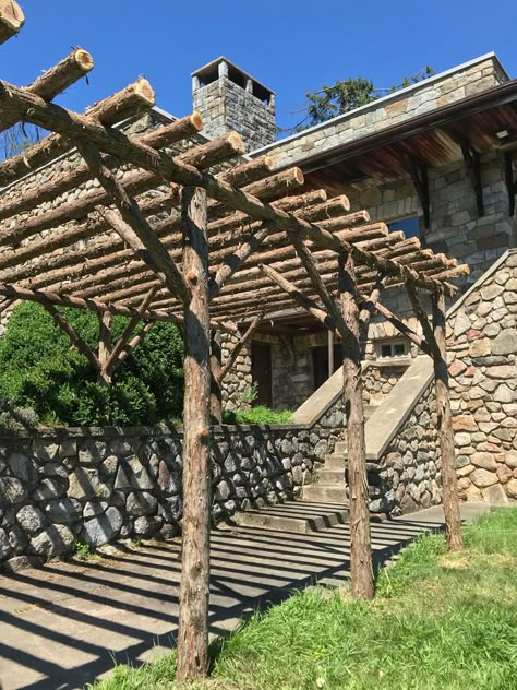 Wildwood Pergola Rustic Cedar Log Pergola, Natural Wood Pergola, Tree Branch Pergola Diy, Log Pergola Rustic, Stone Pergola, Rustic Pergola Ideas, Wooden Pergola Ideas, Rustic Outdoor Structures, Rustic Pergola