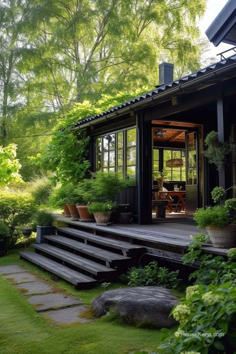 Tiny Garden House Ideas, Forest House Design, Garden Retreat Ideas, Magical House, House Front Porch, Riverside House, Black Elegance, Front Garden Design, A Small House