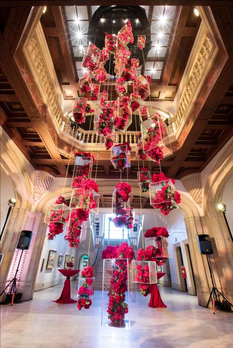 Red, scarlet, berry, & wine, these are the gorgeous red ideas we think would look beautiful at a red-themed party or wedding here at Asterisk! #AsteriskDenver www.AsteriskDenver.com Unique Event Decor, Flower Chandelier, Diy Event, Ceiling Treatments, Wedding Stage Decorations, Stage Decorations, Deco Floral, Event Inspiration, Wedding Stage