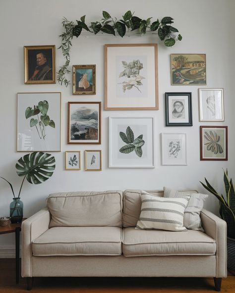 Gallery wall ideas!!💖💖💖 5x7 And 8x10 Gallery Wall, Wall Art Living Room Collage, Gallery Wall Green Walls, Gallery Wall Ideas With Plants, Gallery Wall In Living Room, Mismatched Frames On Wall, Collage Wall Dining Room, How To Decorate A Blank Wall, Gallery Wall With Plants