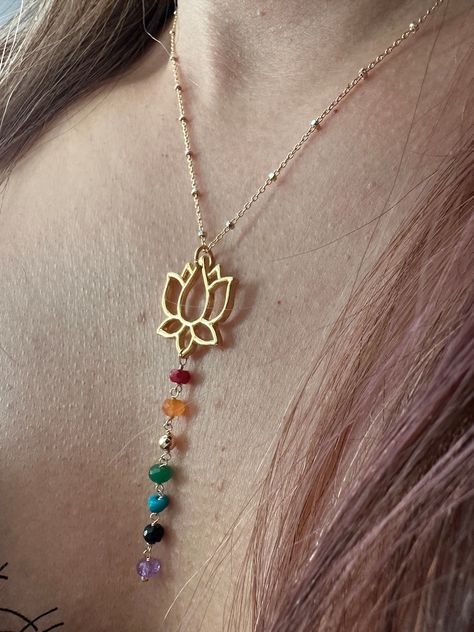 7 Chakras Stone Necklace, Chakra Healing Gemstone Necklace, Gold Lotus Flower Necklace, Rainbow Necklace, Boho Chakra Necklace, Gift for Her - Etsy Gold Lotus Flower, Chakra Healing Stones, Lotus Flower Necklace, Gold Lotus, Chakra Necklace, Rainbow Necklace, Chakra Jewelry, 7 Chakras, Healing Jewelry