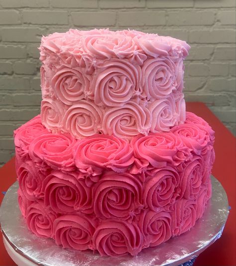 2 tier rosette cake. Light pink and dark pink. Dark Pink Birthday Cake, 2 Tier Rosette Cake, 2 Tier Pink Cake, Small 2 Tier Cake, Dark Pink Cake, Birthday Cake Hot Pink, Tire Cake, Double Layer Cake, Hot Pink Birthday