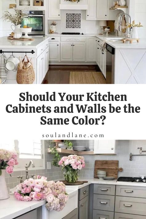 Struggling to choose between matching your kitchen cabinets and walls or going for a contrasting look? Dive into our guide for ideas on how to make this decision. Learn the benefits of creating a harmonious, monochromatic space versus the dynamic appeal of contrasting colors. Discover styling tips, lighting considerations, and how to balance your choices with the rest of your kitchen's decor. Whether you're renovating or simply refreshing your space, find out how to achieve the perfect balance f Kitchen Cabinets Matching Walls, House Pantry, Two Tone Cabinets, Two Tone Kitchen, Tin Tiles, Cottage Style Homes, Low Cabinet, Cabinet Colors, Minimalist Kitchen