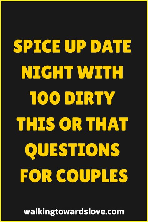 Looking to spice up your date nights? Check out these 100 Dirty This or That Questions for Couples! From steamy scenarios to playful preferences, this list is perfect for igniting some passion and laughter with your partner. Whether you're cozying up on the couch or enjoying a fun night in, these thought-provoking questions will keep the conversation flowing and the mood sizzling. Get ready to uncover new sides of each other and delve into deep discussions that will leave you feeling closer than Black Poly Relationship Goals, This Or That Dating Questions, 20 Questions For Couples Fun, Date Night Truth Or Dare, Facetime Games For Couples, Questions For Date Night, Daily Questions For Couples, Pick A Number Game Questions For Couples, Deep Conversation Topics For Couples