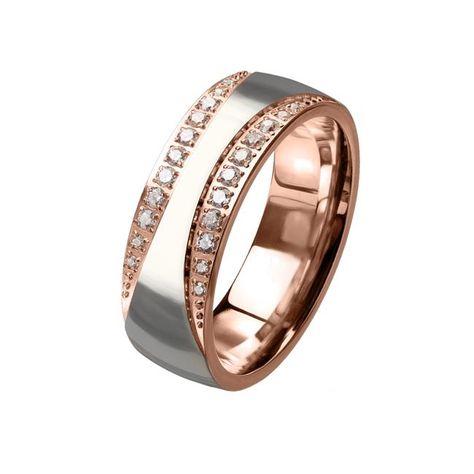 Shimmering Path -Rose Gold Two Tone Stainless Steel Ring With Clear CZ Stones Cz Wedding Ring Sets, Art Deco Rose, Stainless Steel Wedding Bands, Gold Anniversary Rings, Deco Rose, Sterling Silver Wedding Rings, Gold Anniversary, Wedding Rings Rose Gold, Rose Gold Wedding Bands