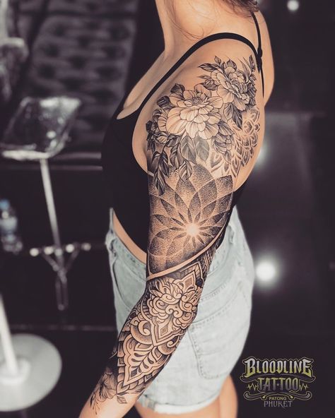 BLOODLINE TATTOO PHUKET ™ on Instagram: “Book our mandala King 👑  Bookings essential 1-2 months waiting time. #mandalatattoo” Mandala Fill In Sleeve Tattoo, Rose Mandala Tattoo Sleeve, Mandela Tattoo Arm Half Sleeves, Balance Mandala Tattoo, Mandela Effect Tattoo, Bloodline Tattoo, Sleeve Sketch, Sexiest Tattoos, Mandala Tattoo