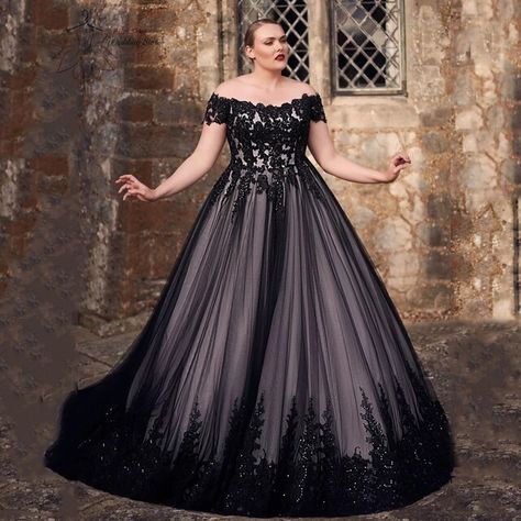 Elegant Black Wedding Dresses Plus Size Off the Shoulder V Neck Bride Gowns Appliques A-Line Sweep Train Tulle Robe De Mariage - AliExpress Plus Size Black Wedding Dresses, Black Wedding Dresses Plus Size, Black Ball Gown Wedding Dress, Wedding Dresses Off Shoulder, Black Bridal Dresses, Spooky Wedding, Plus Size Off The Shoulder, Wedding Dresses Plus, Glam Wedding Dress