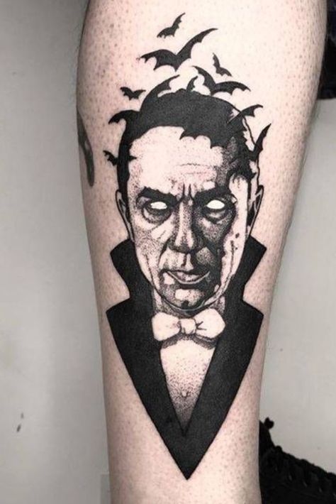 Bela Lugosi Dracula Tattoo, Dracula Tattoo Design, Traditional Dracula Tattoo, Dracula Tattoo Vampires, Horror Sleeve Tattoo, Nosferatu Tattoo, Universal Monsters Tattoo, Monster Tattoos, Vampire Tattoo Designs