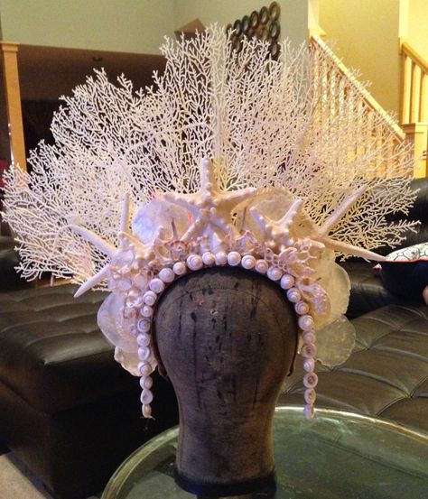 A OOAK gorgeous mermaid/sea queen inspired crown, crafted on a Worbla headband & featuring faux coral, seashells, & starfish. Featuring felt on Paper Headpiece, Shell Crown, Tech Image, Shell Crowns, Foam Wigs, Bleached Coral, Mermaid Parade, Little Mermaid Costume, Mermaid Accessories