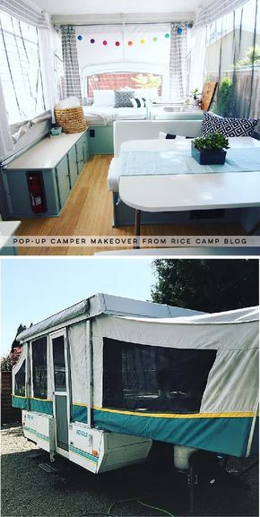 This pop-up camper makeover cost less than $200 and is bright, airy, and ready for summer! Photo from Rice Camp Blog | Featured on MountainModernLife.com #campermakeover #popupcamper #camperreno #camperremodel #rvinspiration #camper Tent Trailer Remodel, Popup Camper Remodel, Pop Up Tent Trailer, Glamper Camper, Pop Up Trailer, Trailer Tent, Camper Trailer Remodel, Vintage Camper Remodel, Diy Camper Remodel