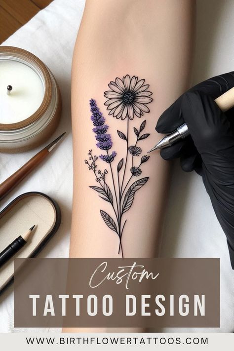 Minimalist Daisy and Lavender Flower Tattoo - Elegant April Birth Flower Design Daisy And Larkspur Tattoo, Lavender Flower Tattoo, Daisy Flower Tattoo, Tattoo Daisy, April Birth Flower Tattoo, Larkspur Tattoo, Daisy Tattoo Designs, Daisy Flower Tattoos, Lavender Tattoo