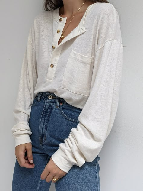 Layered Henley Outfit, Henley Shirt Outfit, Henley Top Outfit, 2000s Clothing, Curved Neckline, Women's Henley, House Clothes, Vibe Clothes, Henley Top