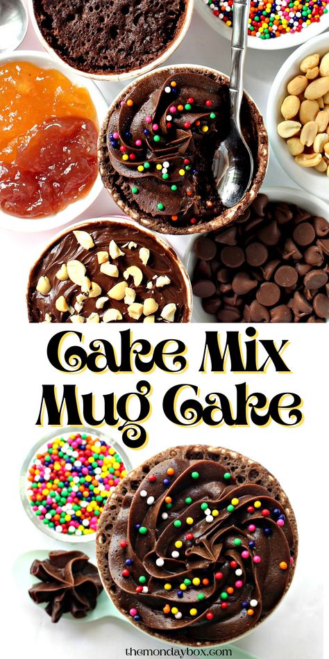 Top image mug cake with chocolate frosting and sprinkles surrounded by cups of add-ins like peanuts, jams, chips. Text Cake Mix Mug Cake. Bottom image closeup of chocolate frosted mug cake. Mug Cake Using Boxed Cake, How To Make A Mug Cake With Box Cake, Box Mug Cake Microwave, Mug Cake From Cake Mix Microwave, Microwave Cake In A Mug Recipes, Box Cake In A Mug, Box Cake Mug Cake Microwave, Mug Cake With Box Cake, Cake Mix Mug Cake Microwave Easy