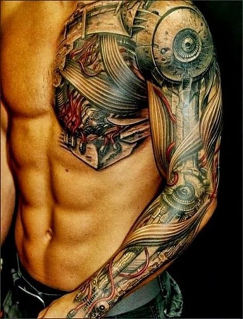 The 100 Best Chest Tattoos for Men | Improb Mechanical Arm Tattoo, Biomech Tattoo, Tato 3d, Biomechanical Tattoo Design, Robot Tattoo, Mechanic Tattoo, Full Sleeve Tattoo Design, Cool Arm Tattoos, Biomechanical Tattoo