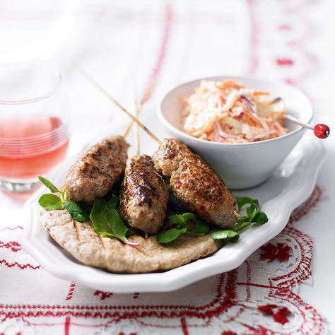 These koftas are brilliant for the barbecue. This recipe can easily be doubled to feed a family of four. Quick Slaw, Recipes For Lamb, Lamb Mince Recipes, Lamb Taco, Cook Lamb, Bbq Lamb, Fries Recipes, Sweet Potato Burgers, Mustard Chicken Recipes