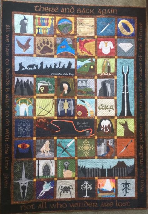 Lord Of The Rings Quilts, Lord Of The Rings Quilt Pattern, Lord Of The Rings Quilt, Lotr Quilt, Hobbit Quilt, Unusual Quilts, Fandom Crafts, Japanese Quilt Patterns, Harry Potter Quilt