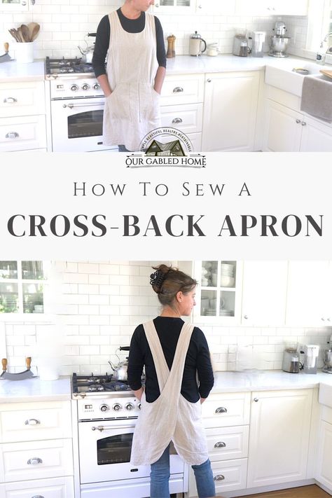 Learn how you can easily sew this cross-back apron with this downloadable pattern. Free Crossback Apron Pattern, Free Apron Sewing Patterns Simple, Cross Cross Apron Pattern, Canvas Apron Pattern, Apron Sewing Tutorial, Diy Cross Back Apron, Old Fashioned Apron Pattern, Farmhouse Apron Pattern, Criss Cross Apron Pattern Free