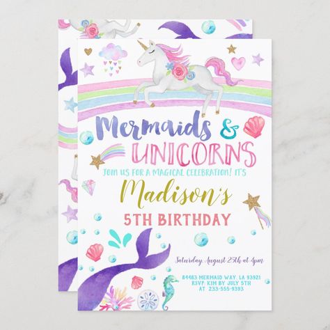 Mermaids Birthday Party, Mermaid And Unicorn, Mermaid Birthday Party Invitations, Mermaid Invitation, Rainbow Birthday Invitations, Unicorn Birthday Party Invitation, Unicorn Mermaid, Mermaid Invitations, Unicorns And Mermaids