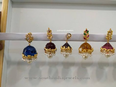 Stone Earrings Gold, Gold Jhumkas, Gold Jhumka Earrings, Neck Pieces Jewelry, Gold Jewelry Outfits, Colorful Stones, Gold Jewelry Simple Necklace, Silver Jewellery Indian, Metal Clay Jewelry