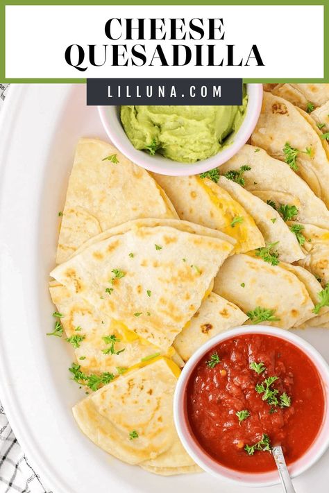 Look no further for the best cheese quesadilla! They are everything you want in a queso-filled golden brown slice of heaven. #quesadilla #cheese #tortilla #appetizer #cheesequesadilla Quesadilla Cheese, Farmhouse Recipes, Hand Held Food, Asian Steak Bites, Creamy Pasta Bake, Buffalo Chicken Bites, Lil Luna, Kid Recipes, Healthy Baked Chicken