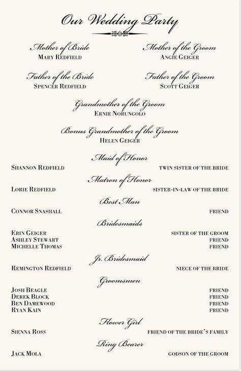 Wedding Invitations Entourage List, Wedding Entourage List, Wedding Church Programs, Wedding Invitation Format, Wedding Flyers, Plan Checklist, Wedding Entourage, Vintage Jewelry Ideas, Arch Decoration