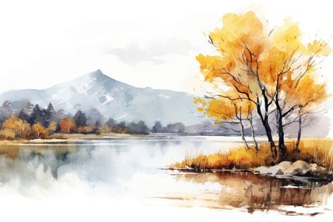 Lake landscape outdoors painting. AI generated Image by rawpixel. | premium image by rawpixel.com / audi Outdoors Painting, Watercolor Nature, Autumn Background, Autumn Lake, Paper Plants, Lake Art, Chique Outfits, Body Of Water, Lake Landscape