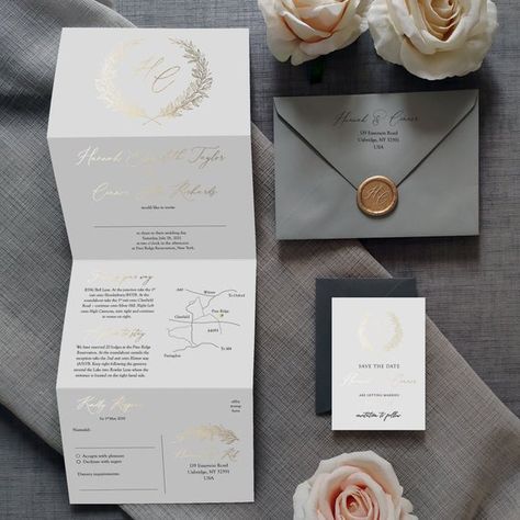 Custom Wax Stamp, Flower Text, Folded Wedding Invitation, Gold Foil Wedding Invitations, Gold Foil Wedding, Luxury Invitation, Foil Wedding Invitations, Rsvp Postcard, Luxury Card