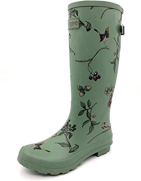 Rongee Women's Rubber Rain Boots Garden Tall Printed with Adjustable Buckle Stylish Rain Boots, Oxford Bags, Bird Tree, Wide Calf, Love Design, Bagpack, Soft Rubber, Unique Print, Black And Navy