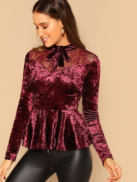 Bow Embellished Lace Yoke Velvet Peplum Top -SheIn(Sheinside) Velvet Top Designs, Velvet Peplum Top, Velvet Dress Designs, Net Top, Peplum Tops, Velvet Blouses, Velvet Top, Velvet Fashion, Stylish Dress Designs