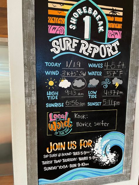 White Board Menu Ideas, Beach Chalkboard Art, Summer Chalkboard Ideas, Surf Report Sign, Resturant Menu, Chalk Art Signs, Summer Chalkboard Art, Summer Chalkboard, Chalk Markers Art