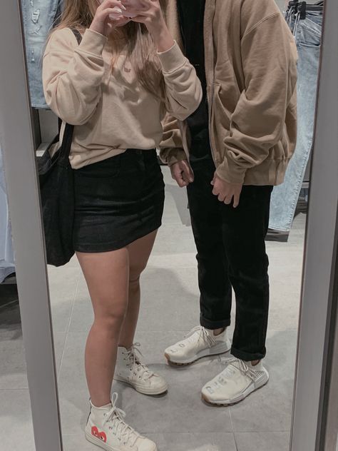 Coordinated Couples Outfits Casual, Cohesive Couple Outfits, Neutral Color Couple Outfits, Couple Beige Outfits, Matching Church Outfits For Couples, Complimentary Couple Outfits, Neutral Couples Outfits, Couple Neutral Outfit, Subtle Couple Matching Outfits