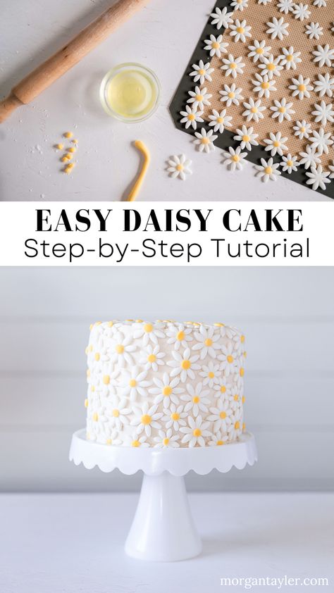 White Cake With Daisies, Daisy Theme Smash Cake, Two Groovy Birthday Smash Cake, How To Make Fondant Daisies, Daisy Fondant Flowers, Pallet Knife Daisy Cake, Heb Birthday Cake, Cakes With Fondant Decorating, Fondant Daisy Cake