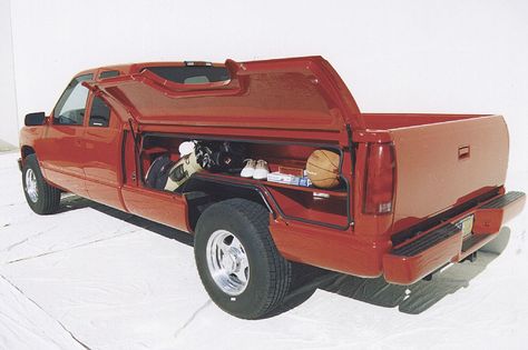 The side panels of pickup beds can be turned into roomy storage compartments that leave the bed completely open, says Innovative Truck Storage, Carson City, Nevada. The conversion requires replacing t... Truck Organization, Trucks Lifted, Cool Truck Accessories, Truck Bed Storage, Custom Truck Beds, Truck Games, Farm Show, Silverado Truck, Pickup Trucks Bed