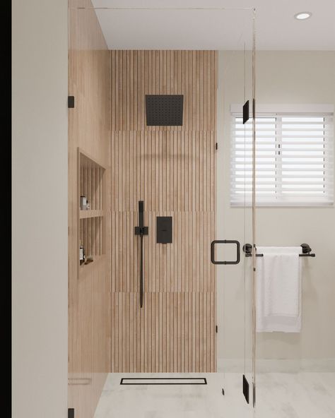 Wood Effect Shower Panel, Bathroom Wood Tile Wall, Wooden Bathroom Tiles, Vertical Wood Tile Shower Ideas, Bathroom With Wood Panel Wall, Slats In Bathroom, Bathroom Shower Accent Wall, Wood Tiles Bathroom, Tile That Looks Like Wood