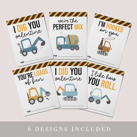 Printable Valentines For Kids, Kids Valentines Cards, Printable Valentines, Kids Valentines, Cute Puns, Construction Vehicles, Seasonal Crafts, Valentine Cards, Valentines For Kids