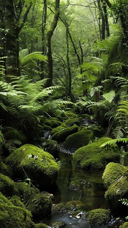 A serene stream gently flows through a lush, green forest dense with ferns and moss-covered rocks. Painting Background Ideas, Fern Aesthetic, Moss Aesthetic, Cave Drawing, Forest Collage, Wallpapers Simple, Mountain Animals, Mossy Rocks, Flower Knight