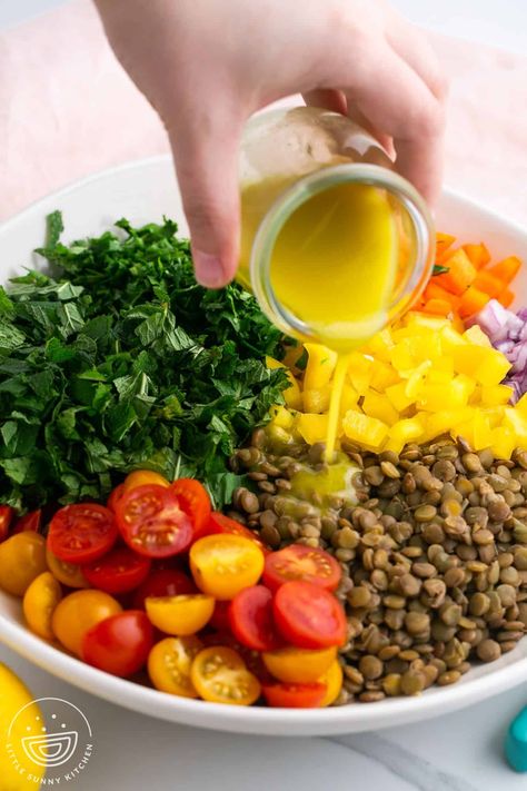 This lentil salad is refreshing, nourishing, filling, and packed with vitamins and plant protein. Fresh mint and feta make it delicious too! Tahini Salad, Salad With Mint, Lentil Salad Recipes, Little Sunny Kitchen, Sunny Kitchen, Mediterranean Salad, Lentil Salad, Plant Protein, Fresh Mint