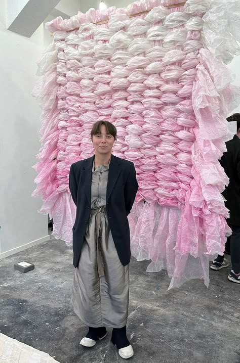 Textile Installation, Soft Sculpture Art, Fabric Installation, Pink Artwork, Flow Of Life, Weaving Wall Hanging, Silk Weaving, Textile Sculpture, London Design Festival