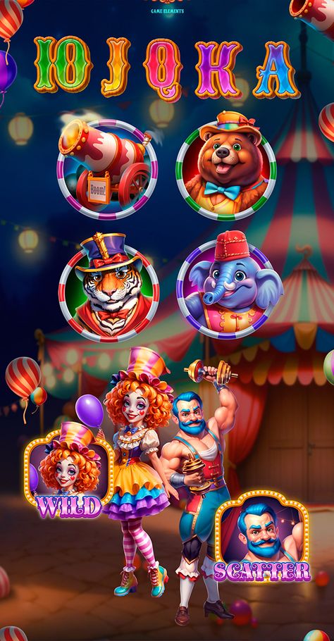 Game Symbols, Circus Game, Circus Characters, Games Design, Gaming Art, Casino Slot Games, Game Props, Circus Theme, Ios Games