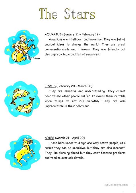 Personality Adjectives, Teaching Adjectives, Zodiac Characteristics, English Adjectives, Teacher Planning, The Zodiac Signs, Teaching Jobs, Esl Worksheets, Student Reading